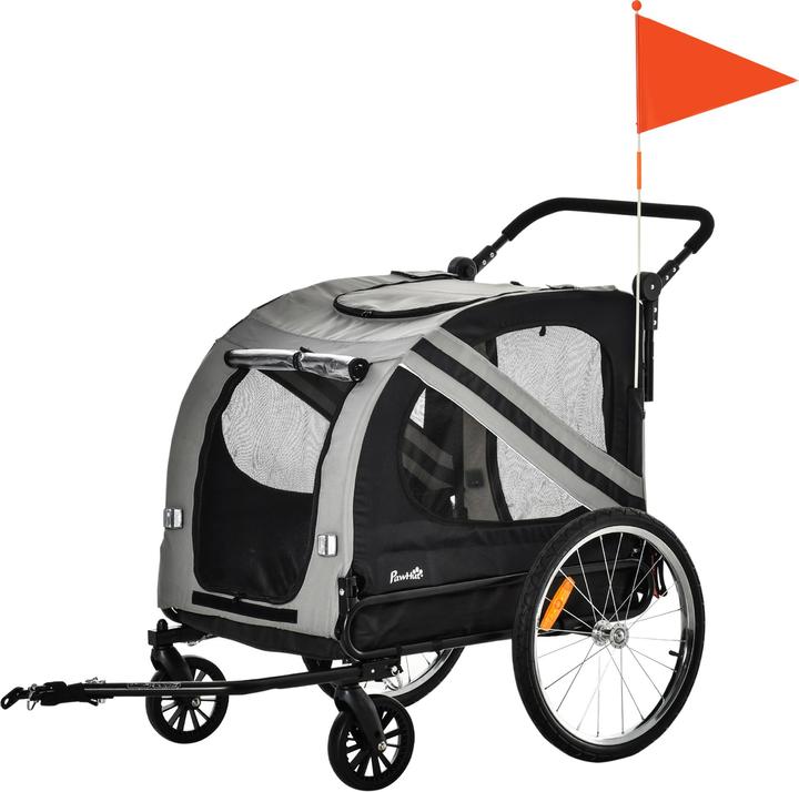 Produktbild PawHut 2-in-1 Hundewagen und Anhänger mit Luftpumpe und roter Fahne