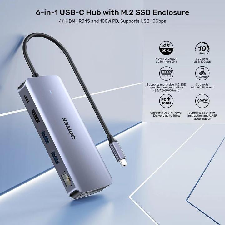 Actual product image Unitek AKTYWNY HUB USB-C 10GBPS M.2 HDMI PD 100W (USB-C, 5 Ports)