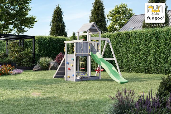 Marimex Spielturm Play 009 Holz Metall grau wei inkl. Rutsche, 1 Brettschaukel, Fernrohr, Klettert