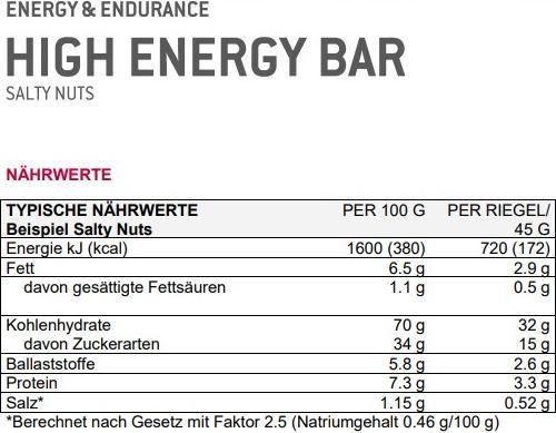Nährwerte und Zutaten Sponser High Energy Bar (Aprikose, Vanille, 30 Stk., 1350 g)