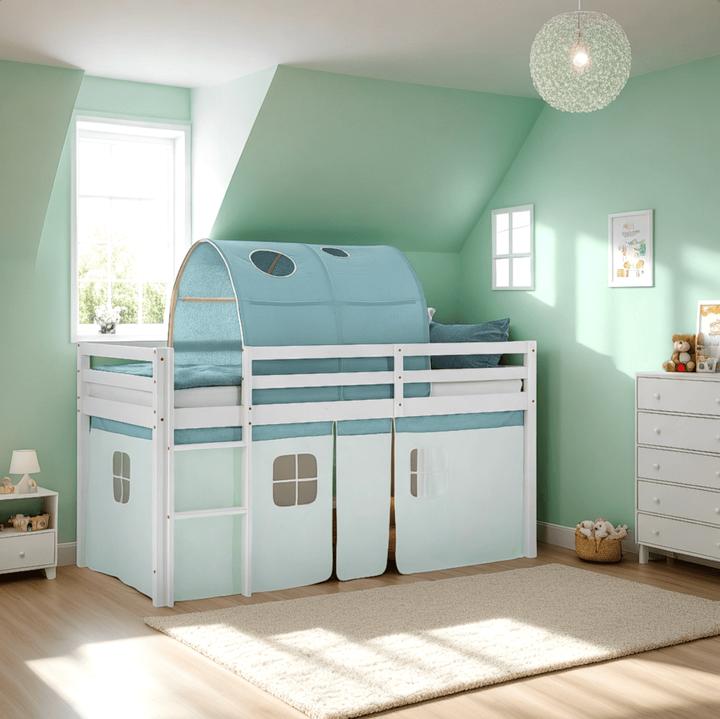 Produktbild Homestyle4u Hochbett Kinderbett mit Lattenrost Tunnel Vorhang (90 x 200 cm)