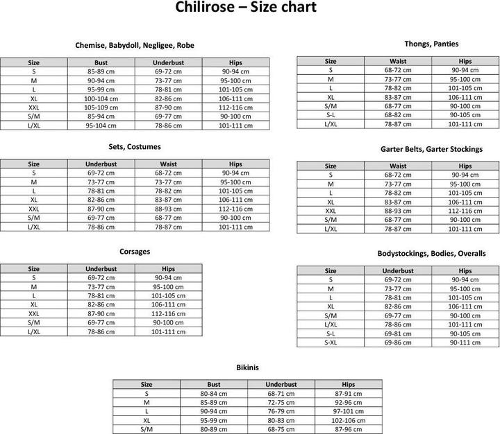Nutritional values and ingredients Chilirose CR 3618 SUSPENDER & THONG BLACK S/M (S/M)