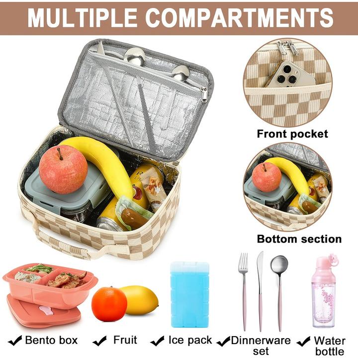 Actual product image Only-Bags.Store Grosses Fassungsvermögen Chic Cord isolierte Lunch Bag mit kariertem Design - auslaufsicher und