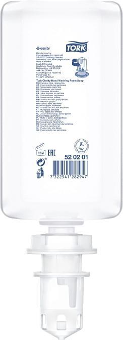 Tork 520201, Hands, Foam soap, Transparent, 1000 ml, 1.03 kg, 92 mm (Flüssigseife, 1000 ml)