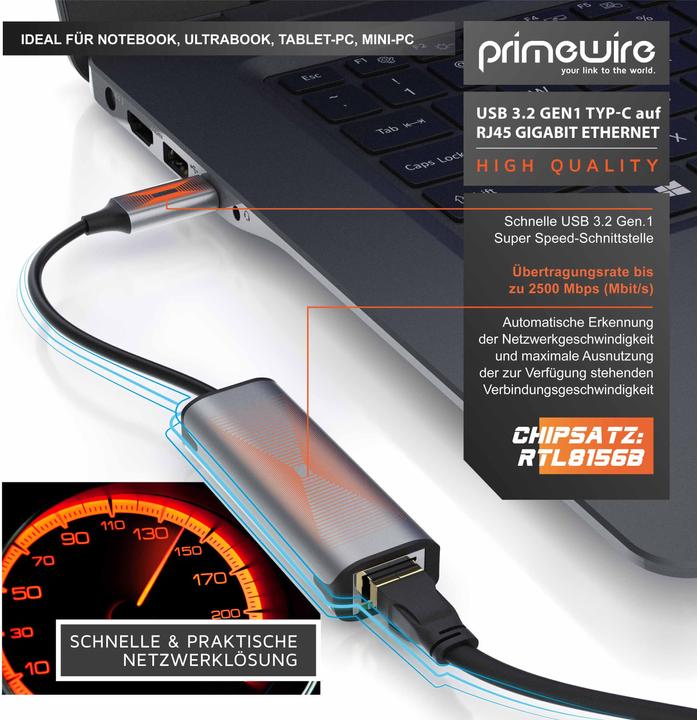 Produktbild Primewire Netzwerkadapter USB 3.2 Typ C zu RJ45 Buchse LAN Adapter, Netzwerk Adapter 2500Mbps Gigabit Ethernet (USB-C 3.2 Gen 1, RJ45 2.5 Gigabit Ethernet (1x))