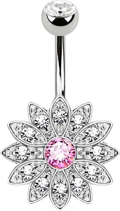 Star Piercing Banane silber mit Kugel Kristall silber Blume pink mit kleinen Kristallen (Messing, Chirurgenstahl 316L)