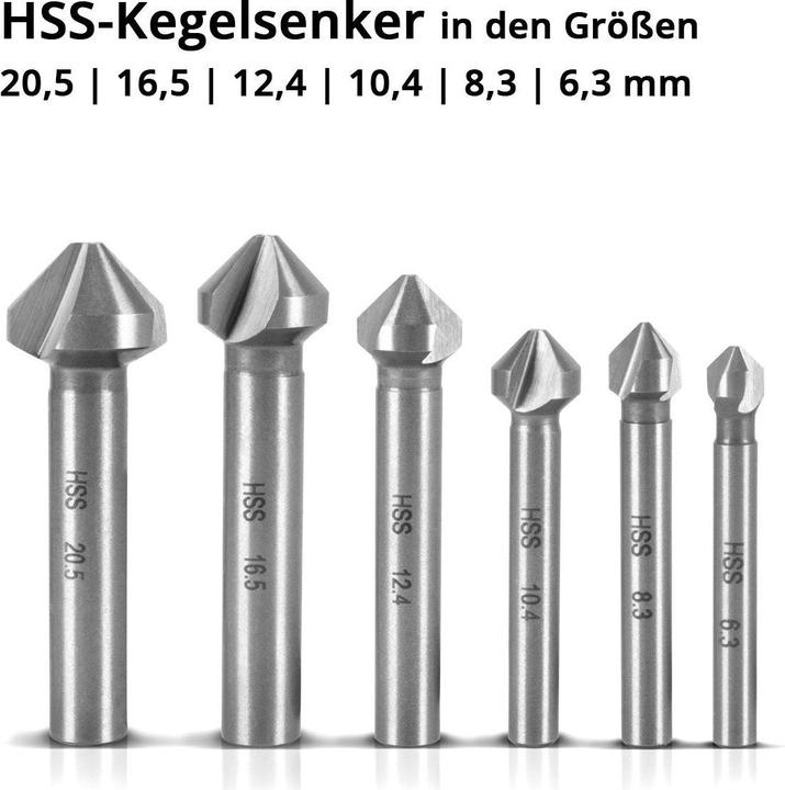 Produktbild Stahlwerk HSS Kegelsenker 6er Set 90° 6,3-20,5 mm DIN 335 Form C Senker (6,3, 10,4 mm, 12,4 mm, 20,5 mm, 16,5 mm, 8,3)