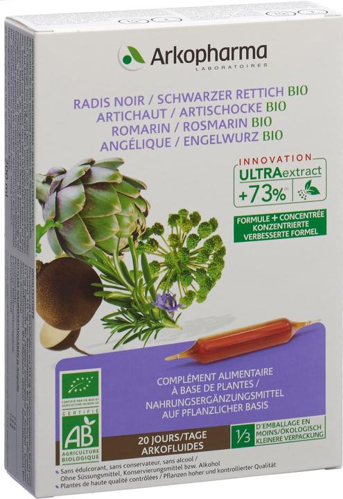 Actual product image Arkopharma Arkofluide Bio Artischocke Rosmarin Schwarzer Rettich Engelwurz (20 Piece, Ampoule, 365 g)