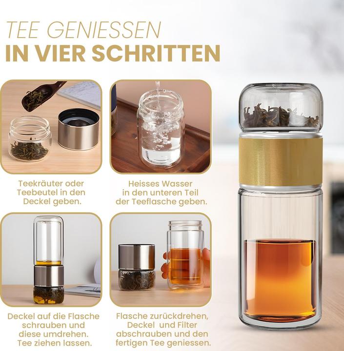 Actual product image Gewürzladen Näfels Rotatable tea bottle made of heat-resistant glass with tea filter - to go (0.24 l)