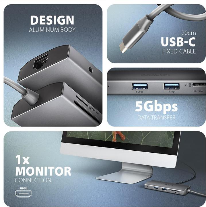 Actual product image Axagon HMC-8HLSA Wieloportowy hub USB-C 3.2 Gen 1 hub, 3x USB-A + 4K/30Hz HDMI + SD/microSD, GLAN, Audio (USB-C, 8 Ports)