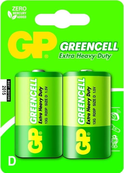 Actual product image GP Batteries Greencell D, disposable battery, D, zinc chloride, 1.5 V, 2 piece(s), green (2 pcs., D)