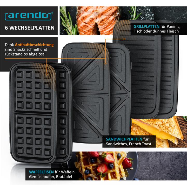 Actual product image Arendo Sandwich maker Waffle iron Contact grill with removable plates - with non-stick coating