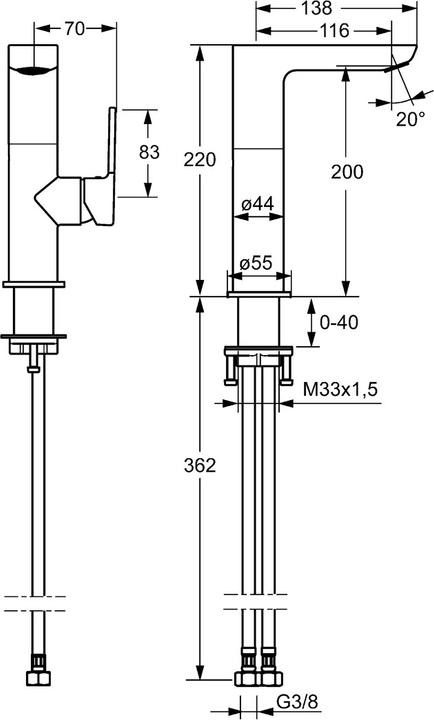 Produktbild Hansa 55352203 Waschtisch-Einhand-Einlochbatterie Hansaligna 5535, Hebel seitlich bedient, chrom