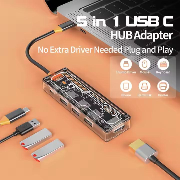 Immagine prodotto PhoneLook USB-C Hub 5-in-1 mit futuristischem Design (3x USB-A, 1x USB-C, 1x HDMI) (USB-C)