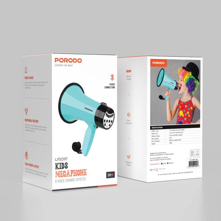 Actual product image Porodo Lifestyle 30W Siren Bluetooth Recorder Megaphone with 6 Voice Modes - Sky Bl (Megaphone)