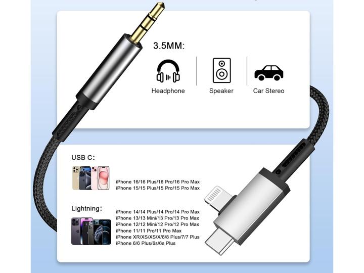 Actual product image PowerGuard USB-C & Lightning to 3.5mm jack AUX audio cable