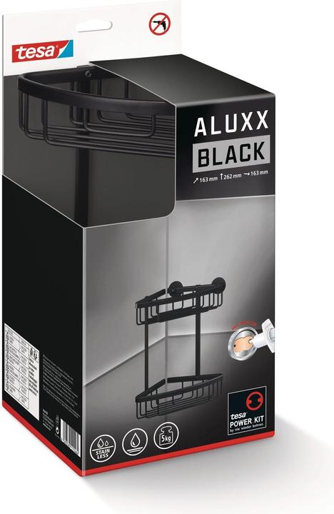 Produktbild tesa ALUXX BLACK Eck-Duschkorb inkl. Klebelösung ohne Bohren (17.5 x 17.5 x 34.5 cm)