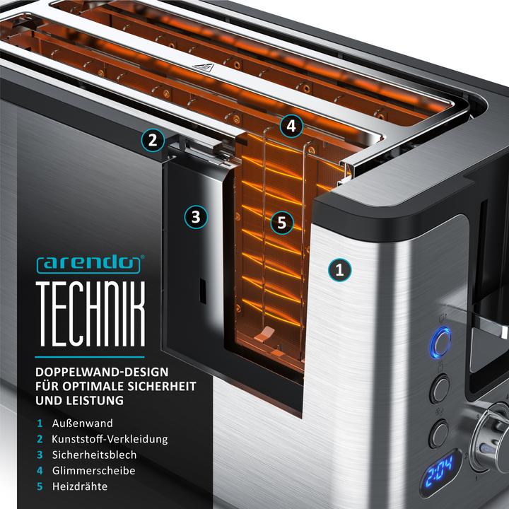 Actual product image Arendo Toaster long slot, stainless steel, display with remaining time indicator