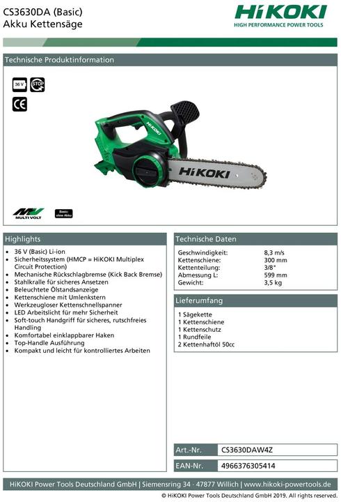 Produktbild Hikoki CS3630DAW4Z (Akku Kettensäge)