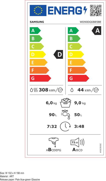 Label énergétique Samsung Lave-linge séchant AI ecobubble™ 9+6kg WD90DG6B85BE