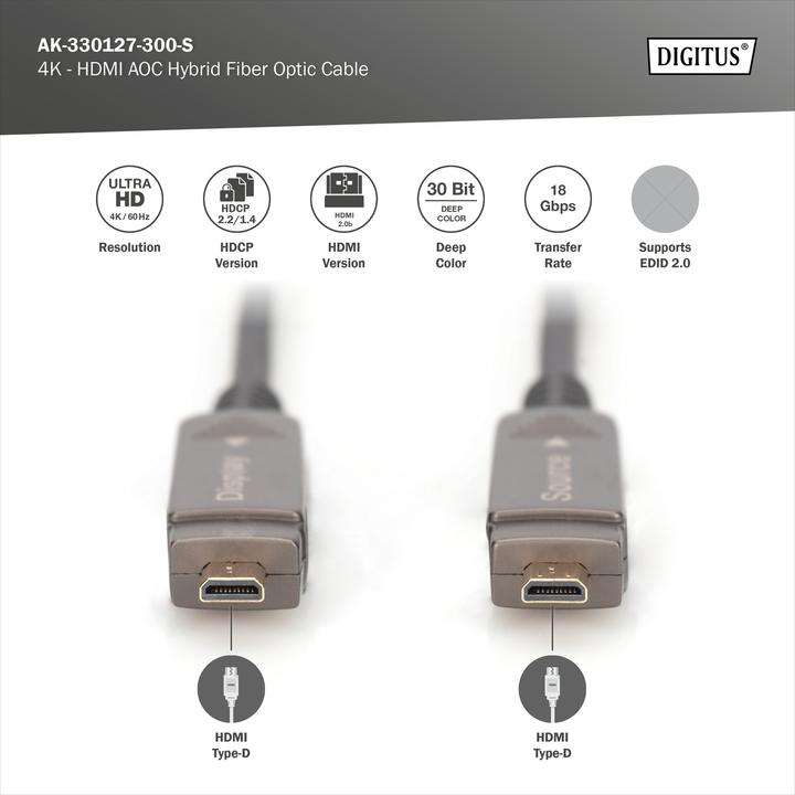 Image du produit Digitus 4K - Câble hybride HDMI® AOC en fibre optique avec connecteur détachable (30 m, HDMI)