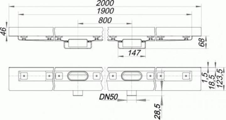 Actual product image Dallmer shower channel CeraLine Nano W 1900mm, 524850, DN 50 Height 68mm (2140 mm)