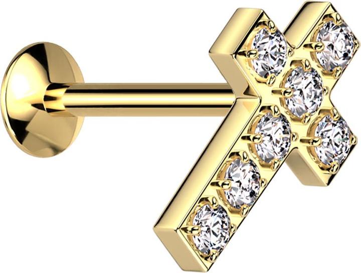Produktbild Star Piercing Micro Threadless UFO Labret vergoldet Kreuz vergoldet Kristalle silber (Chirurgenstahl 316L)
