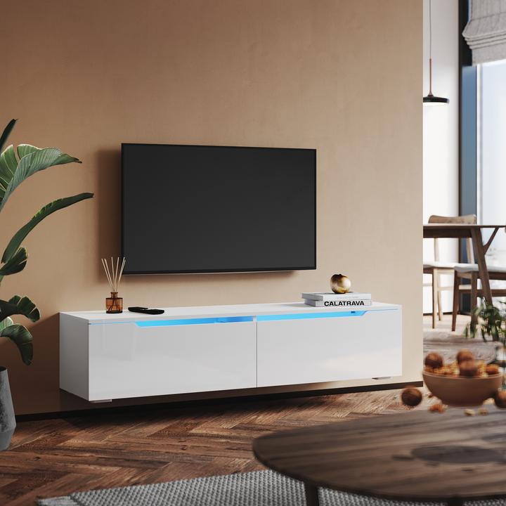 Produktbild SONNI Low-Profile-TV-Schrank, Weiss Hochglanz hängend 160 x 35 x 30 cm, TV-Schrank mit LED-Beleuchtun (160 x 35 x 30 cm)