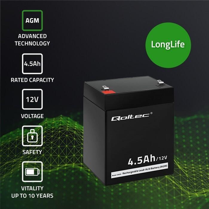 Produktbild Qoltec 53033 vehicle battery AGM (Absorbed Glass Mat) 4.5 Ah Motorcycle (12 V, 4.50 Ah)