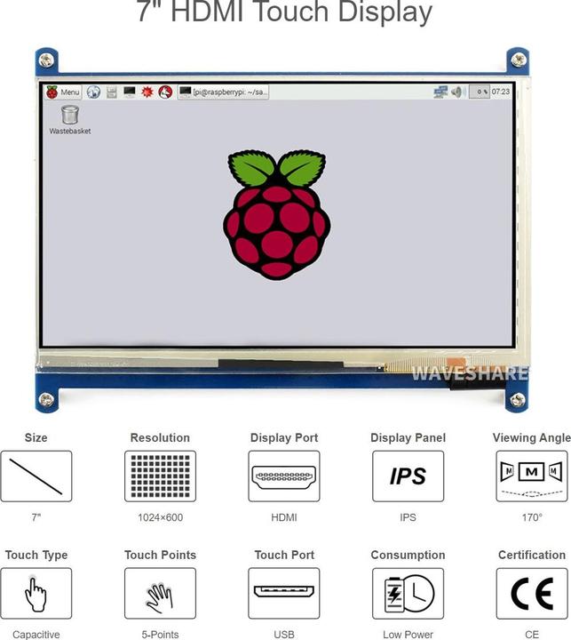 Image du produit WaveShare 7inch Capacitive Touch Display LCD (C) 1024×600 HDMI