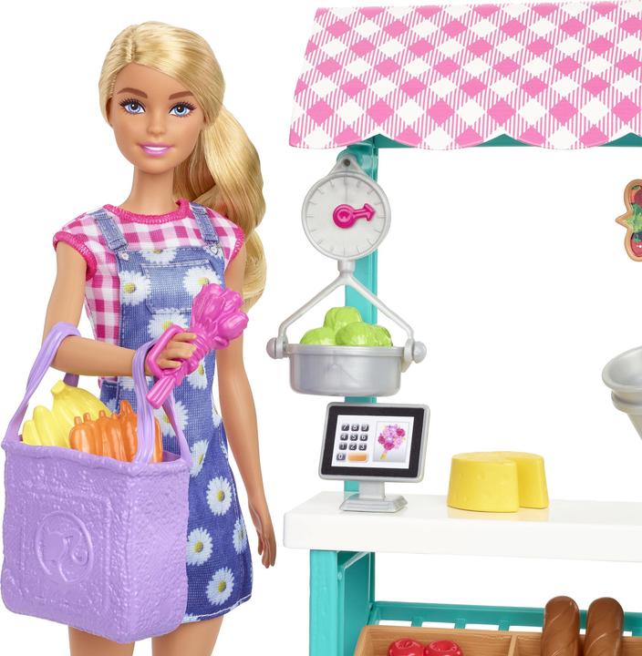Actual product image Barbie "Fun on the farm" farmers' market playset, -doll (blonde), market stall, till, vegetables, bread