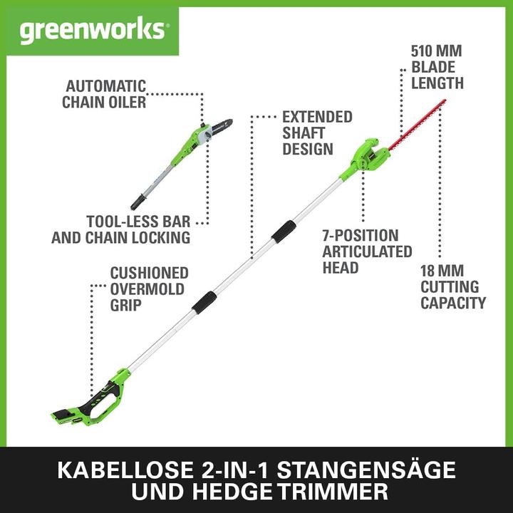 Produktbild Greenworks G24PSHK2 2-in-1 Akku Stabheckenschere inkl. Akku 2Ah und Ladegeraet (Akkuheckenschere)