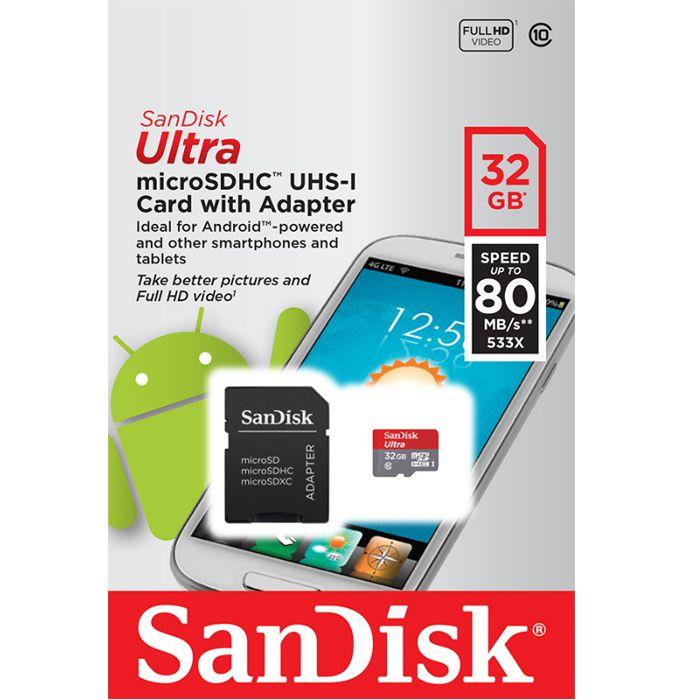 Image du produit SanDisk Ultra microSDHC U1 avec adaptateur (32 Go, microSDHC, U1, UHS-I)