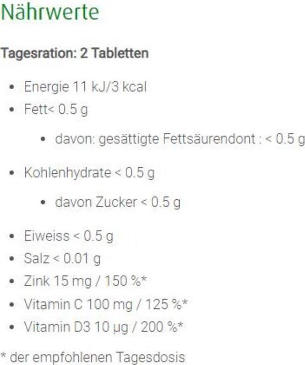 Nährwerte und Zutaten A. Vogel Zink-Complex (30 Stück, Tabletten, 73 g)