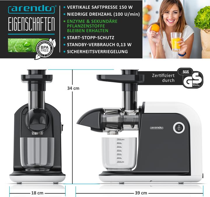Produktbild Arendo Slow Juicer 150 W, Gemüse & Obst Entsafter elektrisch, Edelstahl, 700ml Saftkanne 1,5l Restebehälter