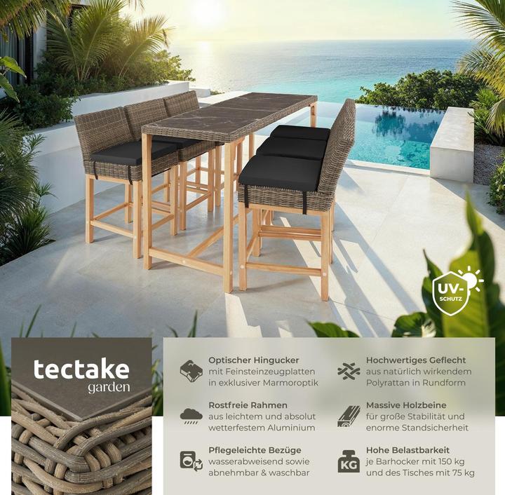 Immagine prodotto tectake Tavolo in rattan Lovas con 6 sedie Latina (161 cm)