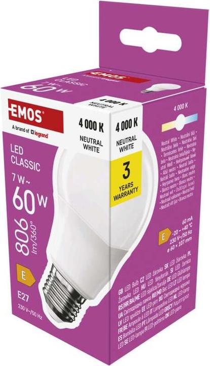 Produktbild Emos LED Lampe Classic A60 / E27 / 7 W (60 W) / 806 lm / Neutral Weiss (E27, 7 W, 806 lm, 1 x, E)