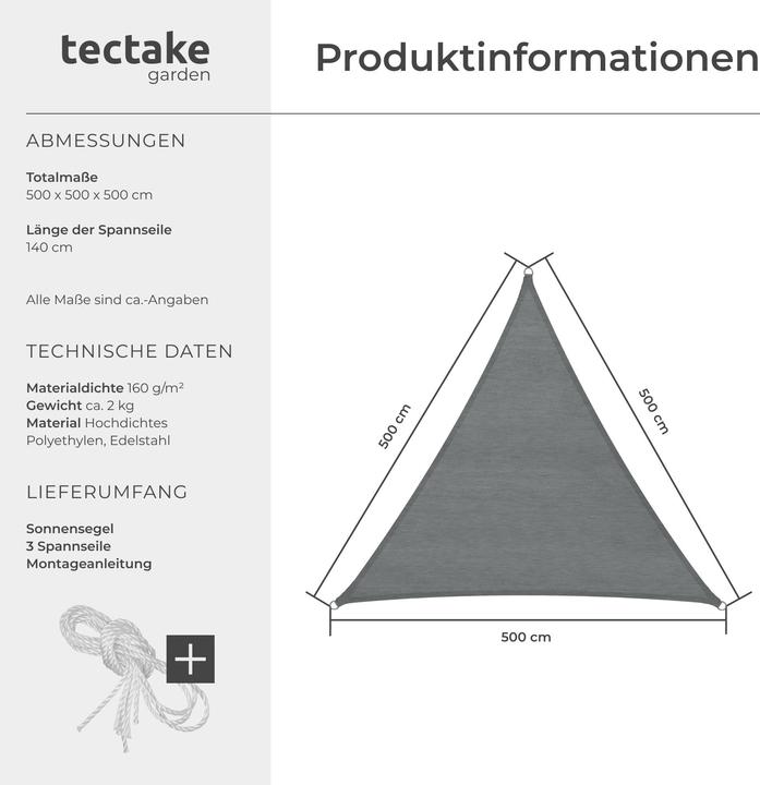 Produktbild tectake Sonnensegel (500 x 500 x 500 cm)