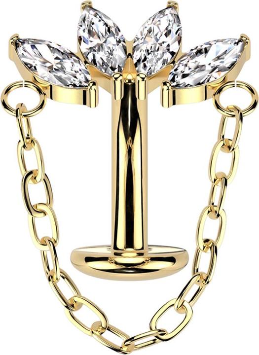 Actual product image Star Piercing Threadless Labret-Stab Banane vergoldet Fächer vier Kristalle silber mit Anhänger Kette (Titanium G23)