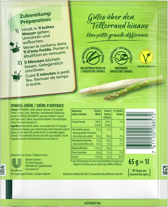 Nutritional values and ingredients Knorr Asparagus cream soup bag, asparagus soup with asparagus pieces from white & green asparagus
