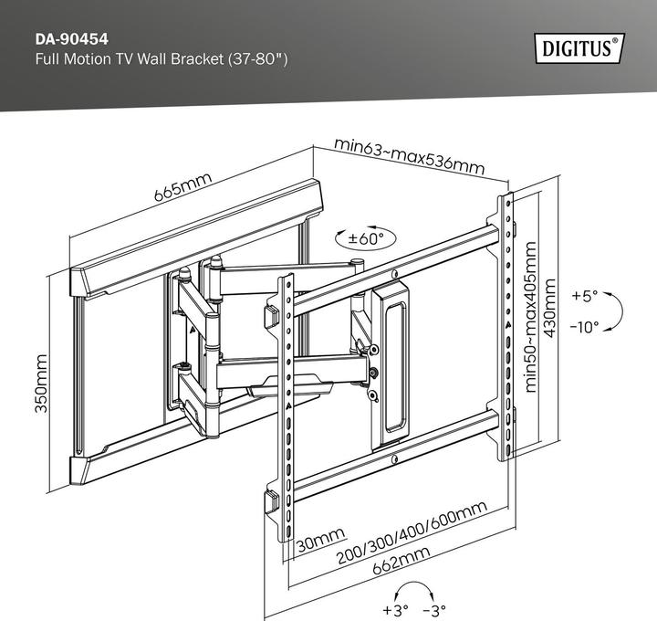 Produktbild Digitus Wandhalterung 600x400 -60kg 37-80"/full motion/neig/schwenk (Wand, 80", 60 kg)