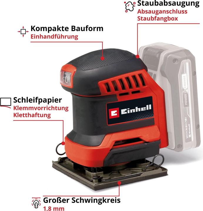 Immagine prodotto Einhell Levigatrice manuale a batteria TE-OIS 18/113 Li - Solo (Levigatrice orbitale)