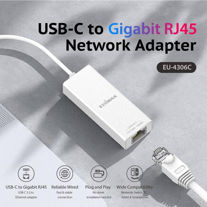 Actual product image edimax USB 3.2 Type C -> Gigabit Ethernet Adapter (USB 3.2, RJ45 (1x))