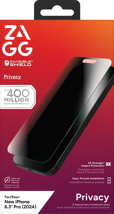 Actual product image Zagg InvisibleShield Glass Elite Privacy Apple iPhone 16 Pro Screen (1 Piece, Apple iPhone 16 Pro)