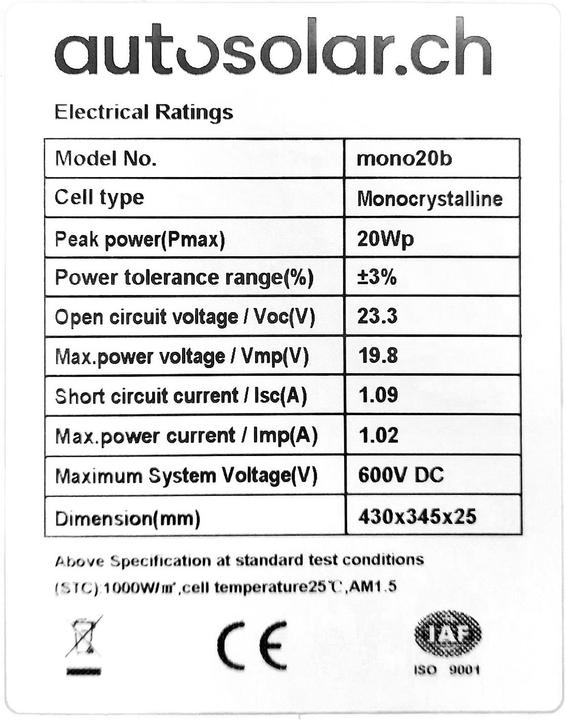 Immagine prodotto Autosolar Pannello solare da 20 Watt - Nero (20 W, 1.69 kg)