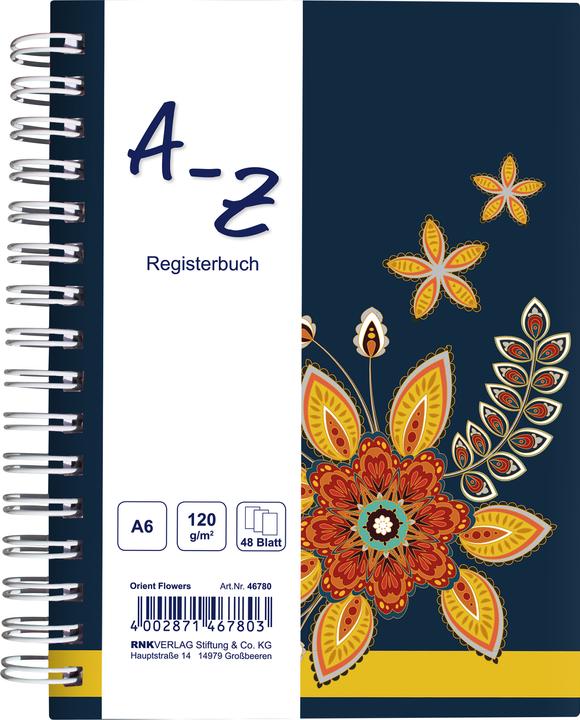 Rnk Carnet de notes avec onglet A-Z "Orient Flowers", DIN A6, 48 feuilles (A6, À rayures, Couverture rigide)