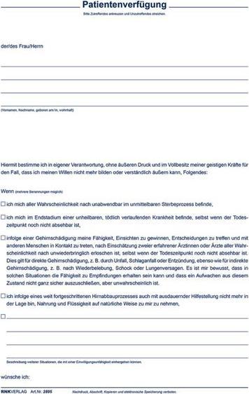 Produktbild Rnk Verlag Patientenverfügung Formulare 2895 (10 x)
