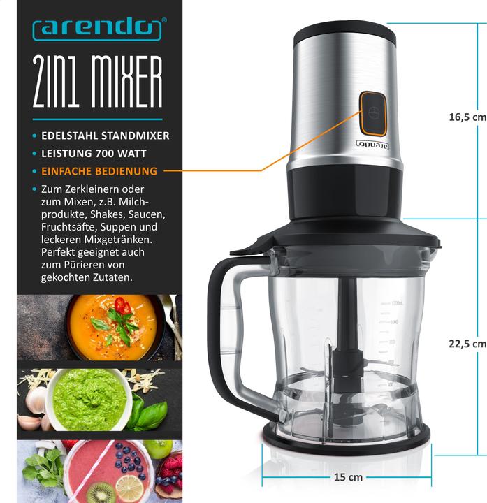 Produktbild Arendo Standmixer 700 W, Edelstahl Mixer & Zerkleinerer 1,2L 2IN1 inkl. 2x Mixbehälter je 0,57L (1200 ml, 700 W)