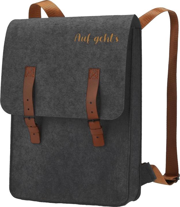 Image du produit Casativo Sac à dos en feutre avec inscription "Auf geht's" et boucles de fermeture, noir, 27,5 x 36 cm