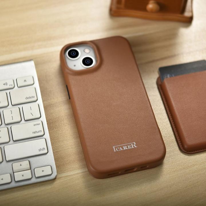 Image du produit iCarer CE Premium Leather Folio Case iPhone 14 Plus Magnetic Flip Leather Folio Case MagSafe Brown ( (Apple iPhone 14 Plus)